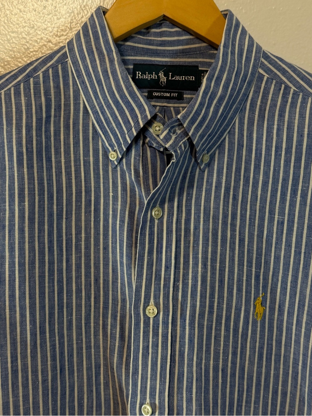 Ralph Lauren 100% linen Custom Fit Blue White Striped Long Sleeve Shirt L